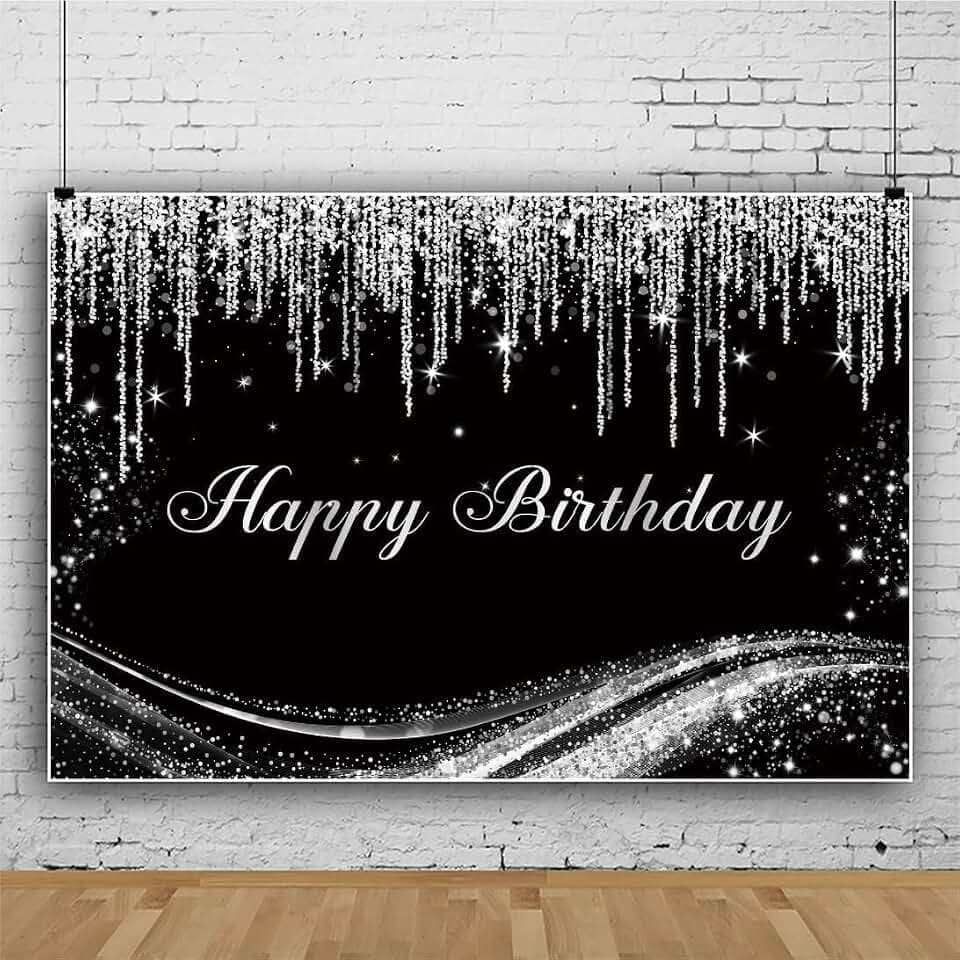 Renaiss 5x3ft Silver Birthday Backdrop for Photoshoot Man Woman Portrait Gray Floating Glitters Luxury Graceful Black Photography Background Happy Birthday Banner Bday Party Decors Photo Booth Props