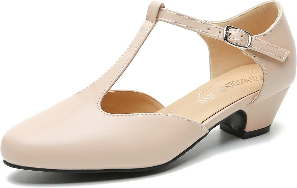 MAIERNISI JESSI Women's T-Strap Mary Jane Pumps, Low Block Heel, Closed Toe, Buckle Ankle Strap