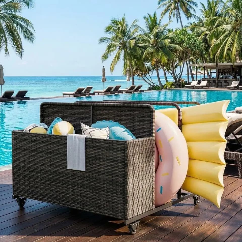 Pool Float Storage Organizer with Rolling Wheels, Outdoor Wicker Rattan Pool Caddy & Toy Storage Basket, All-Weather PE Rattan Holder for Pool Noodles, Life Vests, Beach Balls, Equipment, Patio Deck