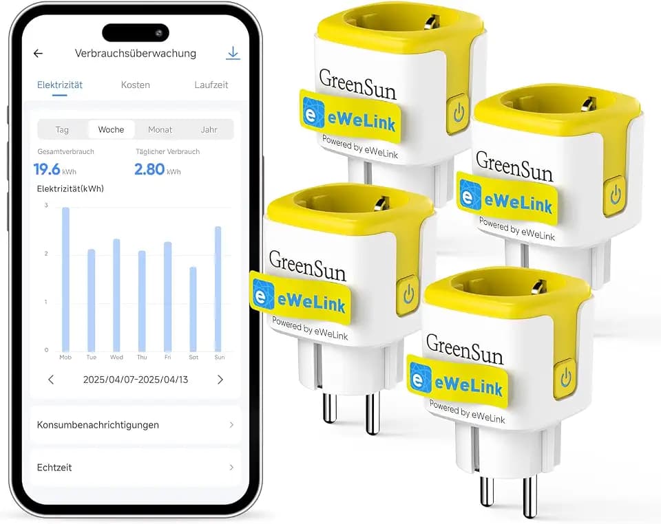 GreenSun WLAN Steckdose mit Stromzähler, 16A 3680W, kompatibel mit eWeLink | Smart Steckdose mit eWeLink App, Timer & Zeitplan, Energieverbrauchsmesser, für Innen, 4er Pack, IP22, Kunststoff, 230V