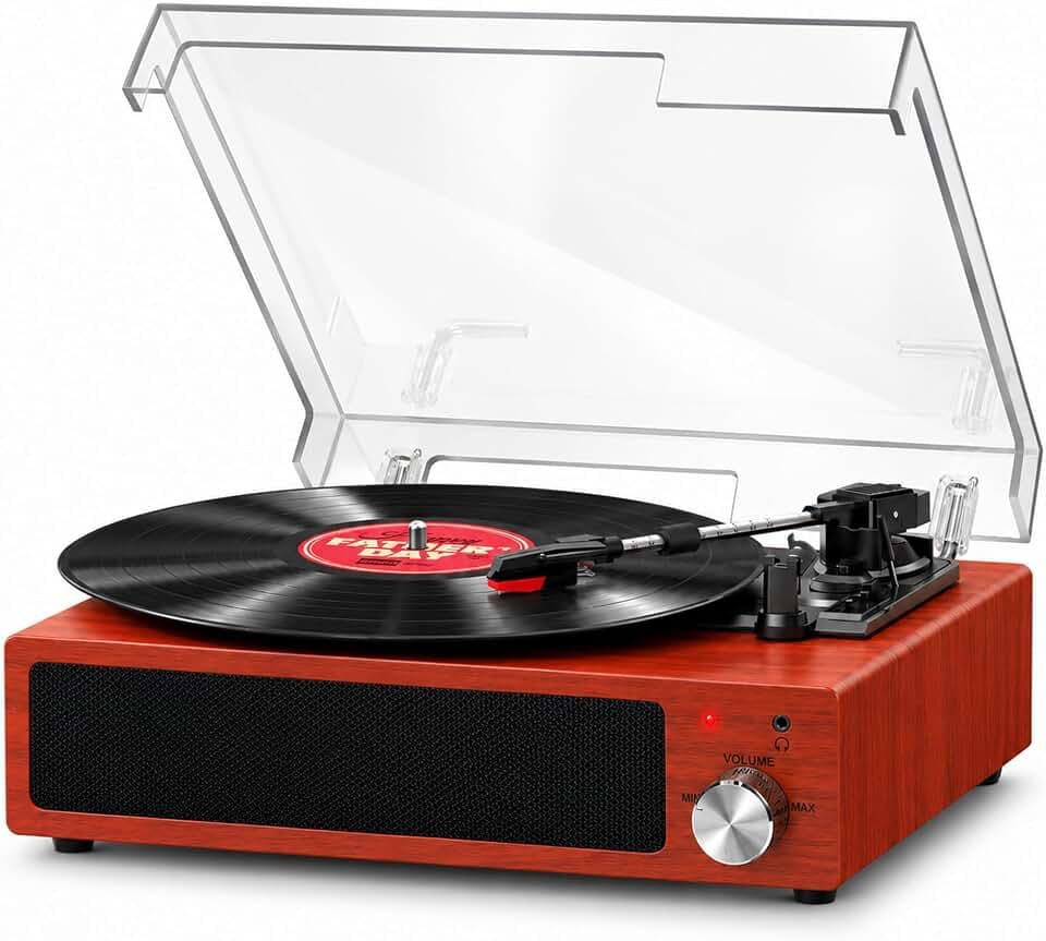 Plattenspieler, FYDEE Vinyl Plattenspieler Bluetooth Schallplattenspieler Vintage Turntable mit Eingebauter Stereo-Lautsprecher und 3-Gang 33/45/78 U/min,RCA Ausgang, AUX-Eingang - Rostrot