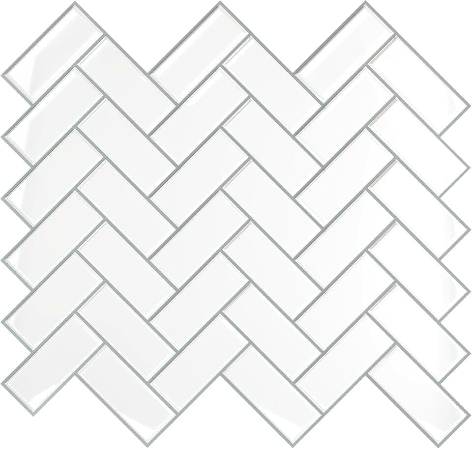 VEELIKE 12-Sheets Herringbone Peel and Stick Tile Backsplash White Peel and Stick Wall Tiles for Bathroom Kitchen Waterproof Self Adhesive Renter Friendly Backsplash Stick on Tile Stickers 12''x12''