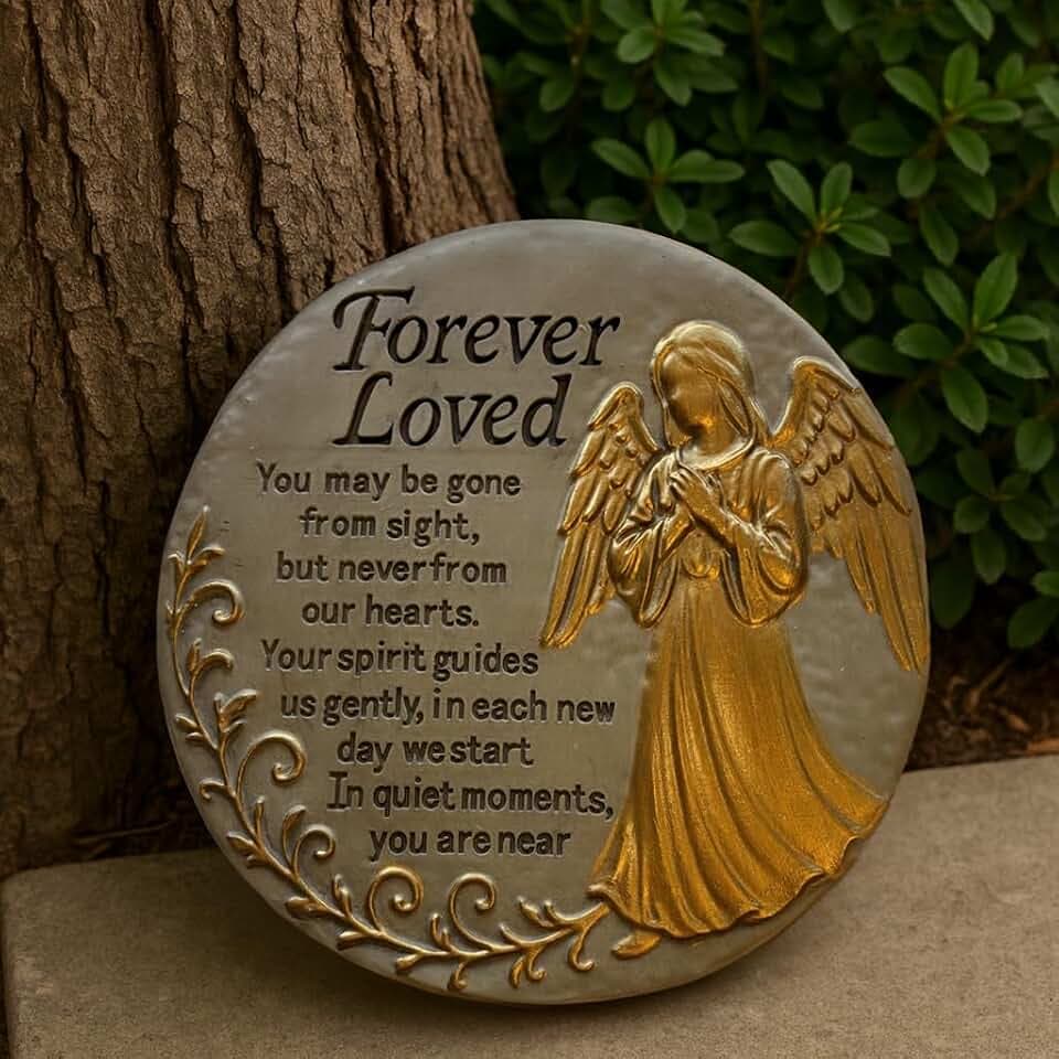 VEOJEIN Memorial Garden Stone, 9.45 Inch Round Stepping Stone with Angel Design, Outdoor Weather-Resistant Remembrance Decor