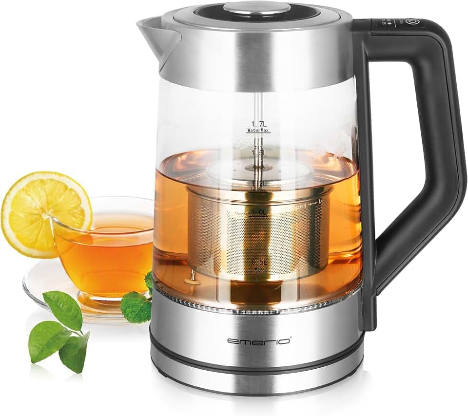 Emerio Glas Teekocher mit Temperaturwahl [50|70|80|90|100°C], WK-122730, Wasserkocher, manuelles Teesieb aus Edelstahl entnehmbar, Borosilikatglas, 1.7l Volumen, 2200 Watt, Silber