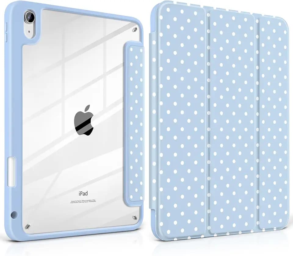Case for iPad A16 11th Generation 11 inch 2025, iPad 10th Generation 10.9 inch 2022 -[Built-in Pencil Holder], Shockproof Clear Hard Back, Trifold Stand, Auto Wake/Sleep, Blue White dot