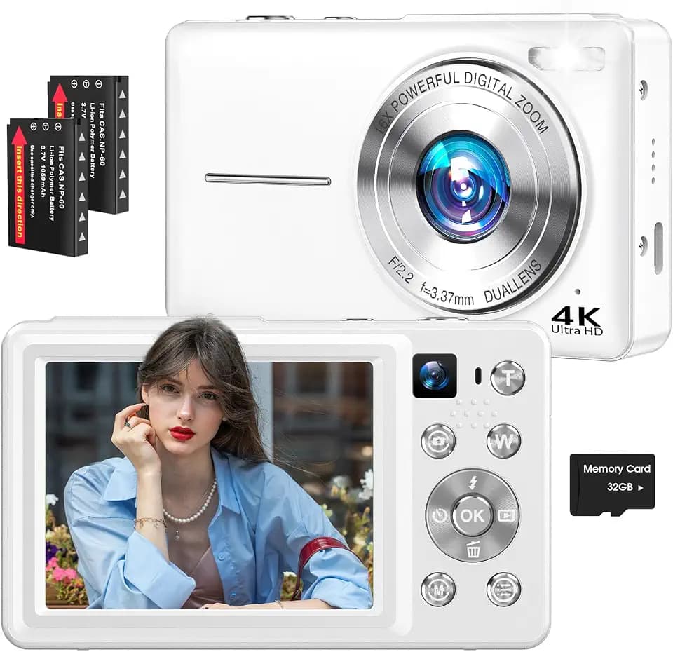 4K Digital Camera, 64MP Autofocus Vlogging Camera with Dual Lens, White