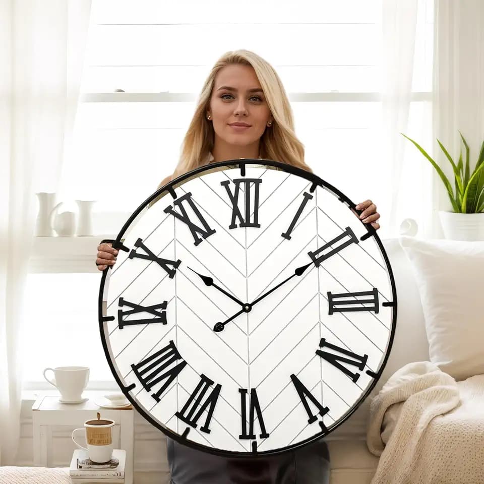 EMAX HOME 30 Inch Large Wooden Wall Clock – Extra Large Farmhouse Wall Clock with 3D Roman Numerals, Modern White Round Wood & Metal Clock for Living Room, Silent & Accurate Timekeeping