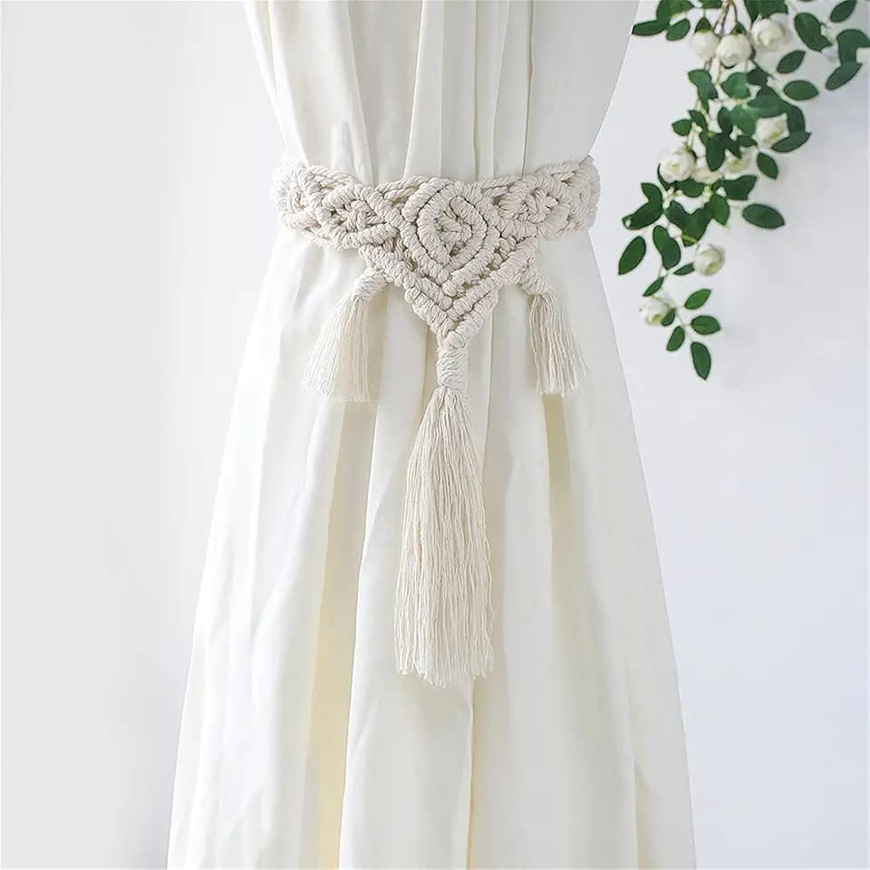 2 Stück Raffhalter Boho Vorhanghalter Baumwollseil Gardinenhalter Gardine Holdbacks Handstricken mit Quaste für Haus Dekoration (A)