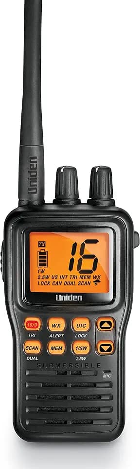 Uniden MHS75 Waterproof Handheld 2-Way VHF Marine Radio, Submersible, Selectable 1/2.5/5 Watt Transmit Power. All USA/International and Canadian Marine Channels.