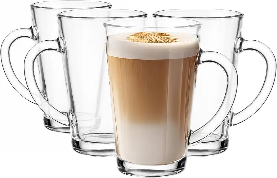 Glasmark KROSNO 1992 Gläser Set Kaffeegläser Teegläser Mit Henkel 4 Stück 300 ml Kaffee Tee Latte Glas Teetassen Glasbecher Trinkglas Spülmaschinengeeignet Iwo, Durchsichtig