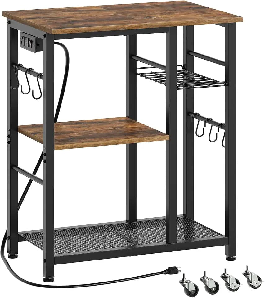 YATINEY Movable Bakers Rack, Microwave Stand with Charging Station, Kitchen Storage Rack with Hooks and Basket, Casters and Adjustable Feet, for Small Space, Kitchen, Dining Room, Rustic Brown HB04UBR