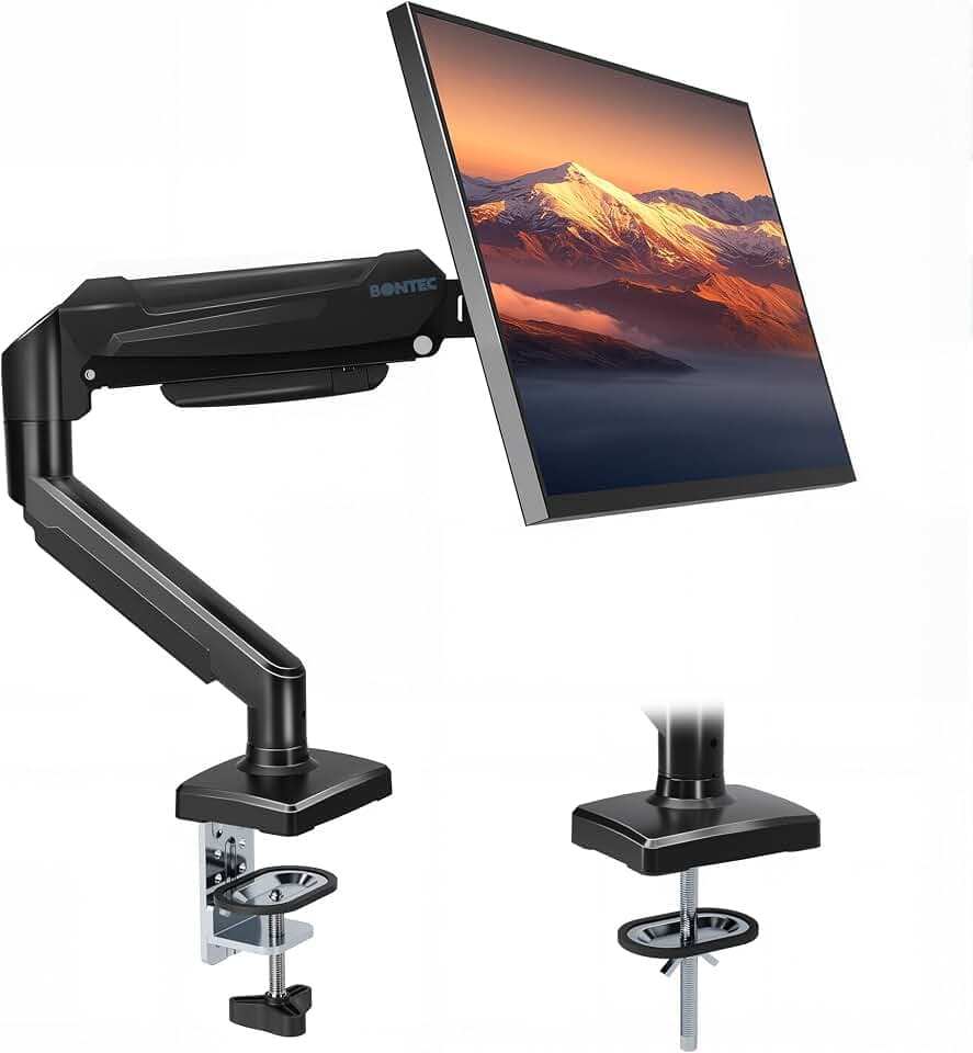 BONTEC Monitorarm mit Gasfeder für 15–32 Zoll Monitore, 360° Drehung, ±90° Neigung und Schwenkung, VESA 100x100 Halterung, stabile Tischhalterung mit Kabelführung, C-Klemme oder Durchtischmontage