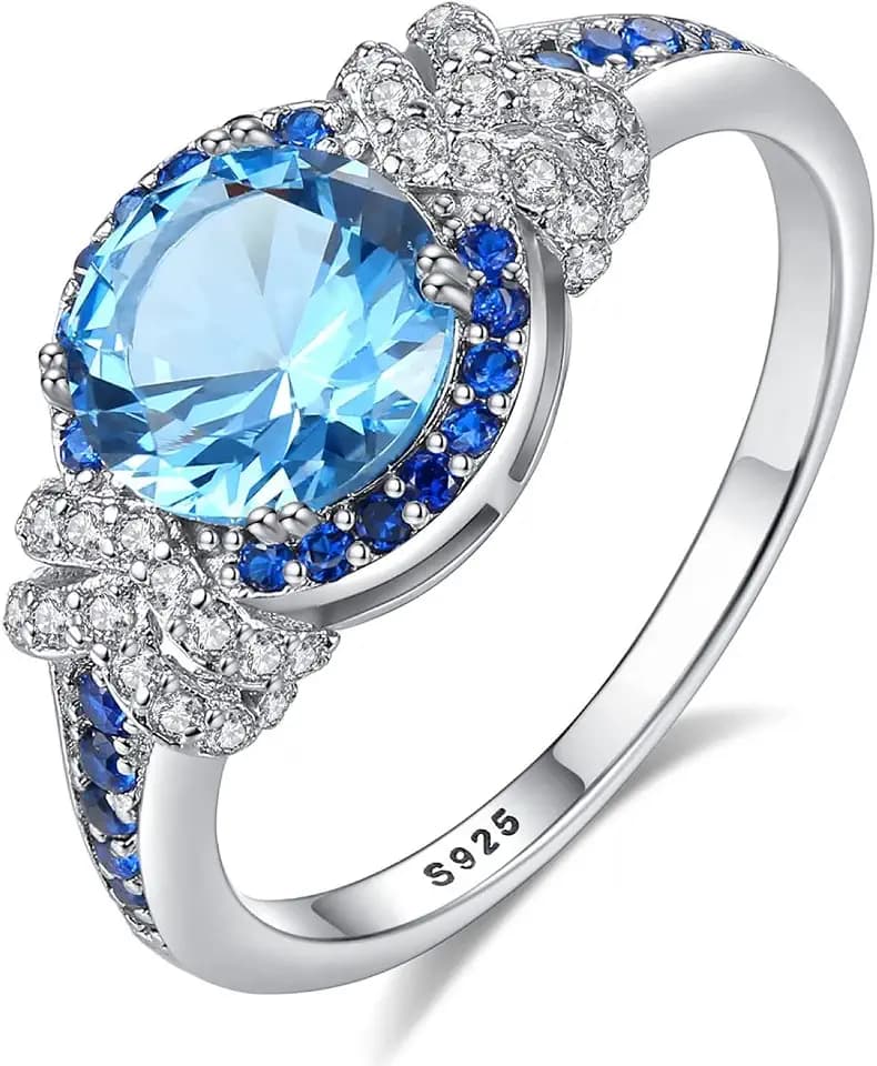 Damen Mädchen Verlobungsring 925 Sterling Silber Blautopas Ring Geschenk für Verlobung Jubiläum Hochzeit, Echter Topaz und Zirkonia Schmuck