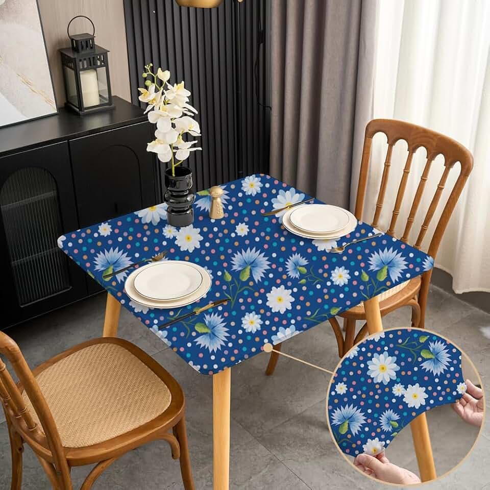 Summer Outdoor Blue Small Square Fitted Tablecloth 34x34 Inch Stretchy Washable Fabric Table Cloth Non Slip Folding Card Table Cover Wrinkle Free White Daisy