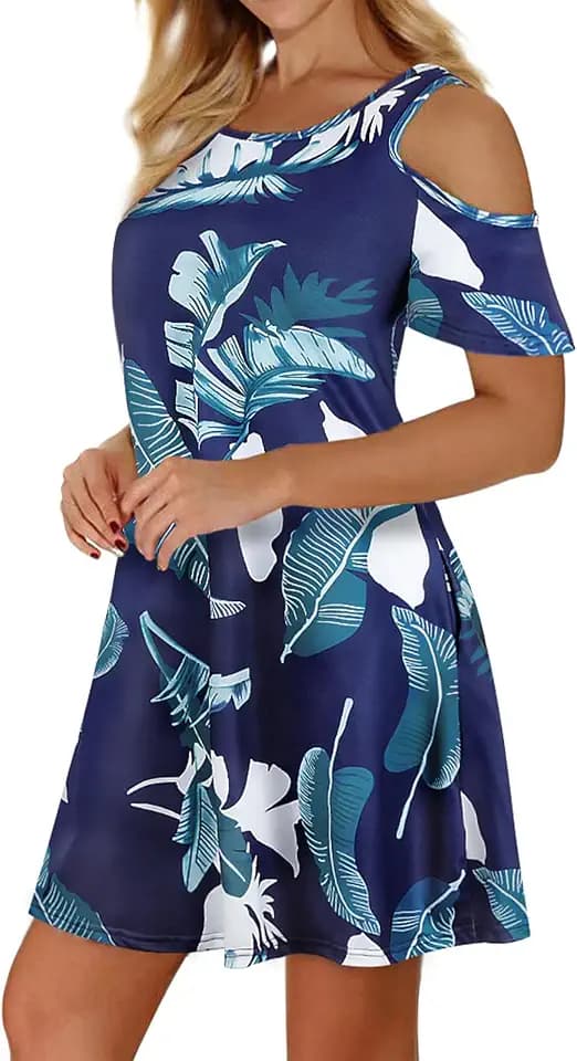 Misyula Style Womens Summer Cold Shoulder Floral T-Shirt Dress with Pockets