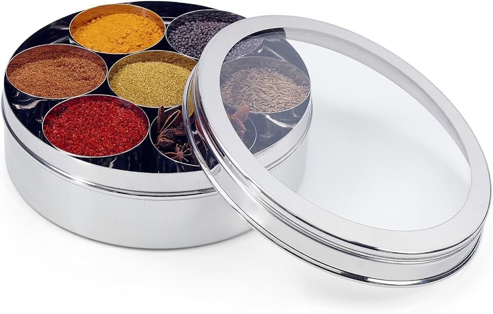 7200 Gewürzdose/Masala Dabba aus Edelstahl mit 7 Fächern und transparentem Deckel, 16 cm, silberfarben