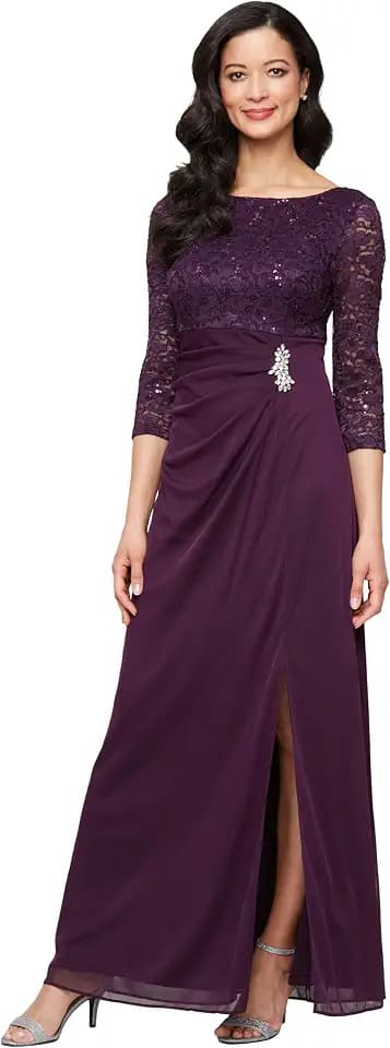 S.L. Fashions Women's Long Mother of the Bride Dress with Stretch Lace Bodice & Hip Embellishment (Petite and Regular Sizes)