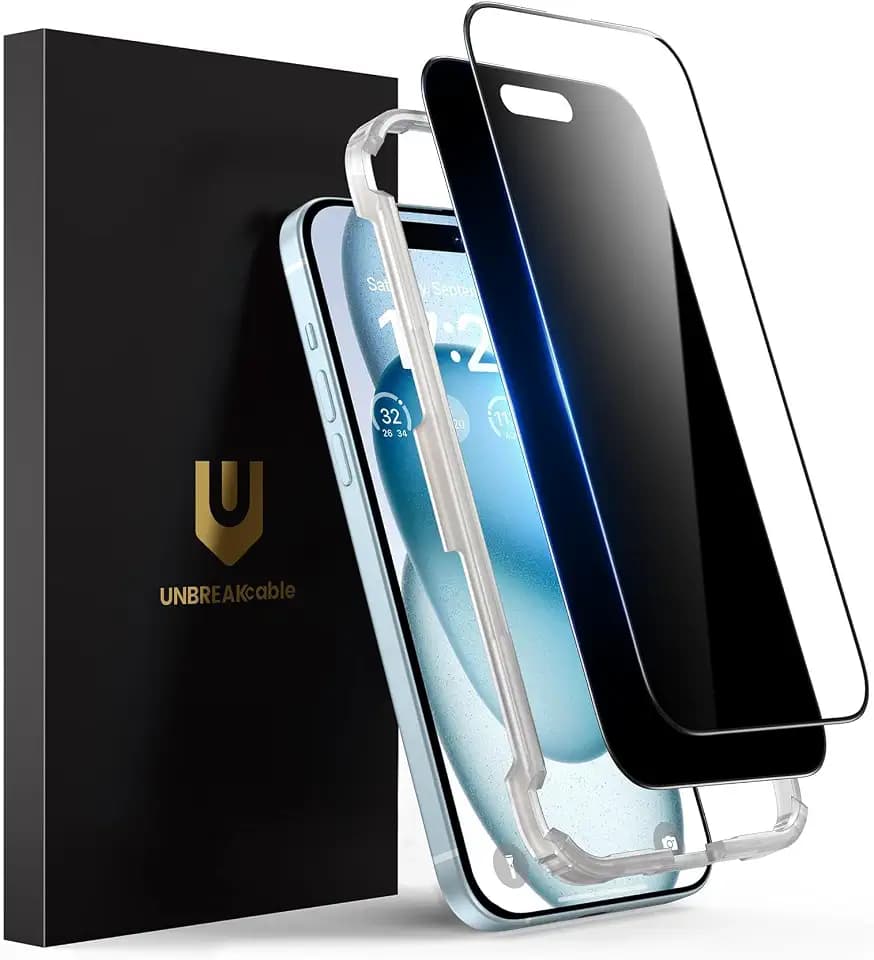 UNBREAKcable 2PCS Screen Protector for iPhone 15-1 Privacy Tempered Glass+1 Clear Glass Double Shatterproof [Easy Installation Frame] [9H Hardness] [Case Friendly] Anti-Scratch for iPhone 6.1 inch