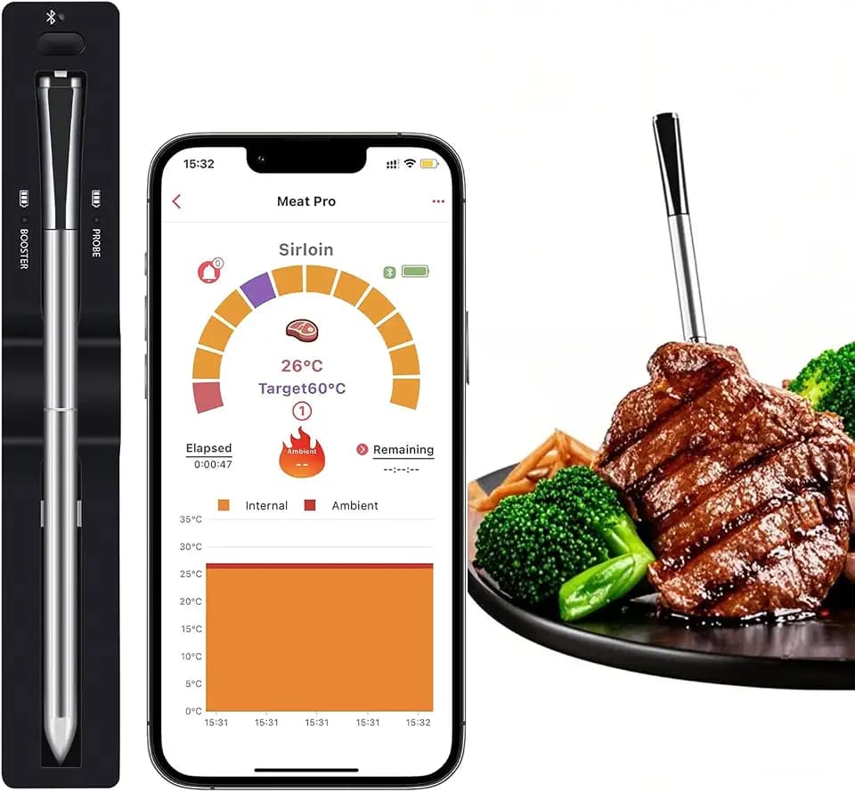 Fleischthermometer Kabellos, Grillthermometer Kochen, Meat Thermometer mit Bluetooth, App-Überwachung mit Timer und Alarm, Perfekt für Grill Backofen BBQ, Bratenthermometer für Küche und Grill