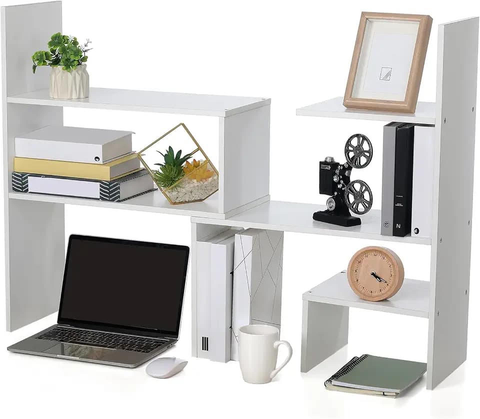 Briwooody Expandable Dorm Desk Hutch Adjustable Desktop Bookshelf,White