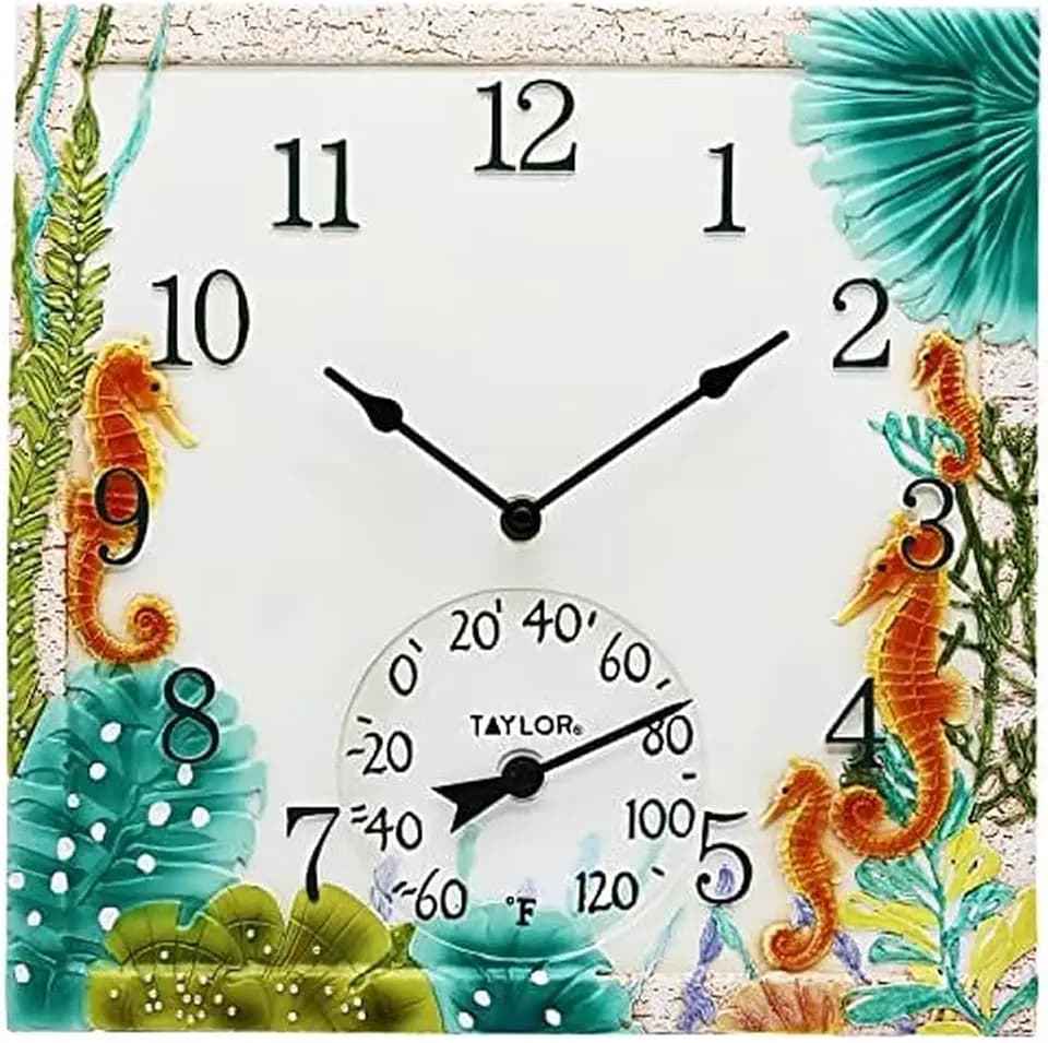 Taylor Precision Products, Seahorse Poly Resin Indoor and Outdoor Clock and Thermometer, 14 Inch, Multi-Color