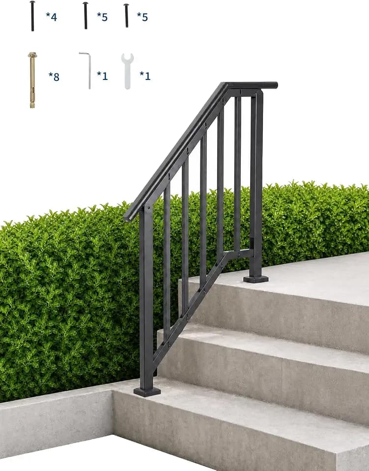 Handrails for Outdoor Steps, Adjustable Stair Handrail Kit Fit 2 to 3 Steps Outdoor Stair Railing, Transitional Wrought Iron Handrails with Balusters for Concrete/Porch/Deck/Wooden Steps,Black