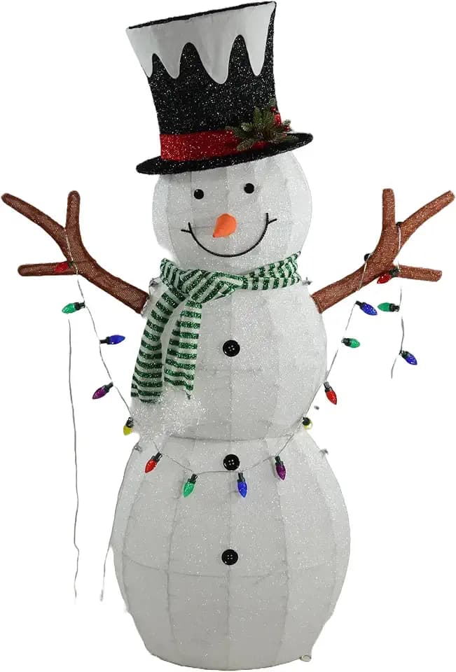 Alpine Corporation 60" H 3D White Fabric Snowman Holding Color String with LED Lights, Christmas Decor