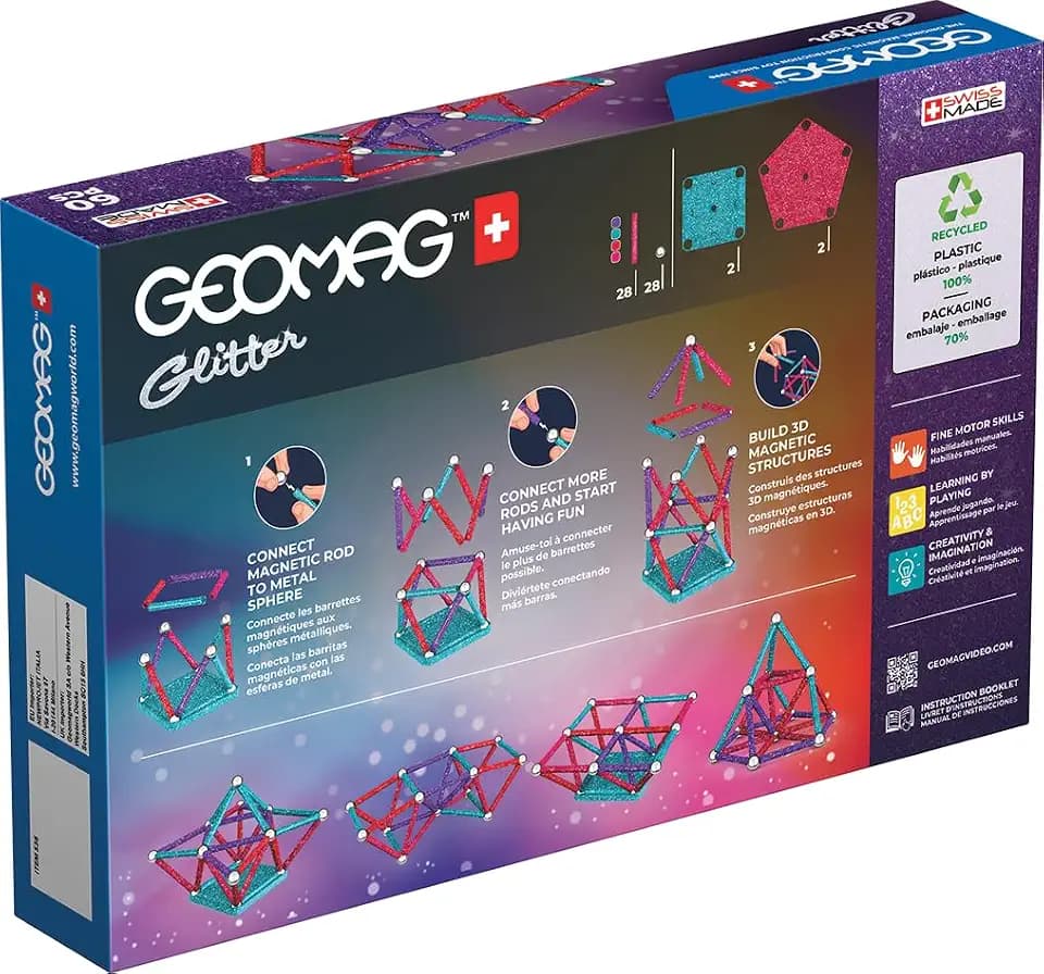 Geomag Glitter 60 Teile Magnetisches Spielzeug für Kinder, Geschenk für Jungen und Mädchen im Alter von 5 6 7 8 9 10 11 12 13 Jahren, magnetische Konstruktionen, Kinderspielzeug