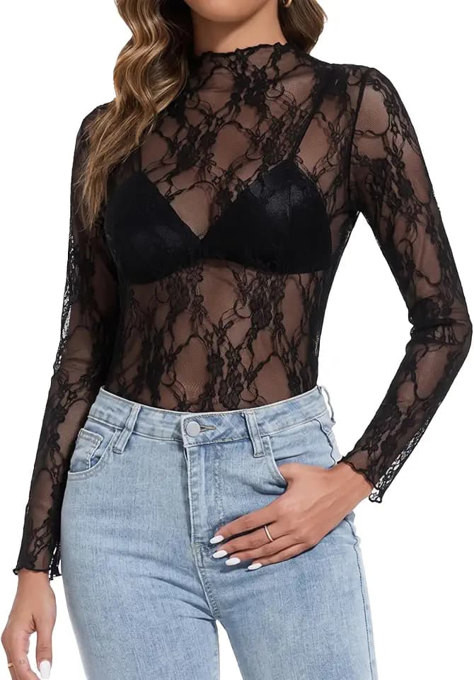 ETOSELL Women Lace Mesh Long Sleeve Tops Floral Shirt Sheer Outfits Blouses