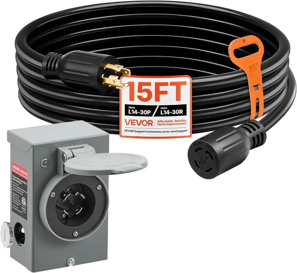VEVOR 30 Amp Generator Cord and Power Inlet Box, 15 FT, 125/250V NEMA L14-30P to L14-30R Heavy Duty Extension Power Cord, SJTW 10 Gauge 7500W, Pre-Drilled Inlet Box, for Generator to House, ETL Listed