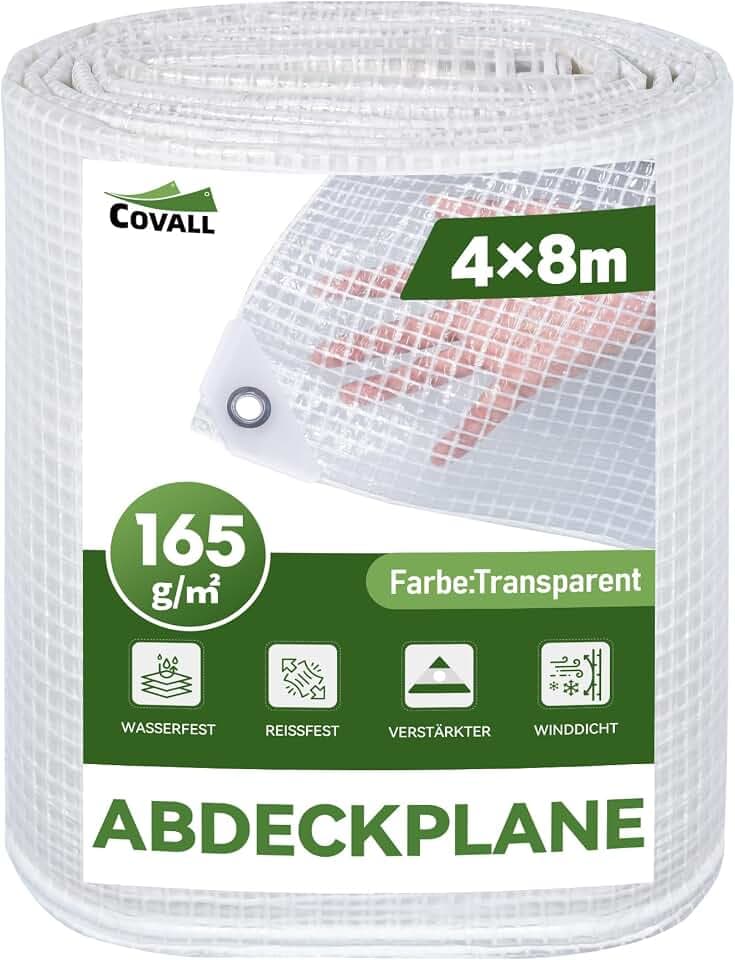 4x8m Plane Transparent mit Ösen, Abdeckplane Wasserdicht Reißfest 165GSM, UV-stabilisiert Gewebeplane, Multifunktionale Schutzplane Holz Bauplane Outdoor