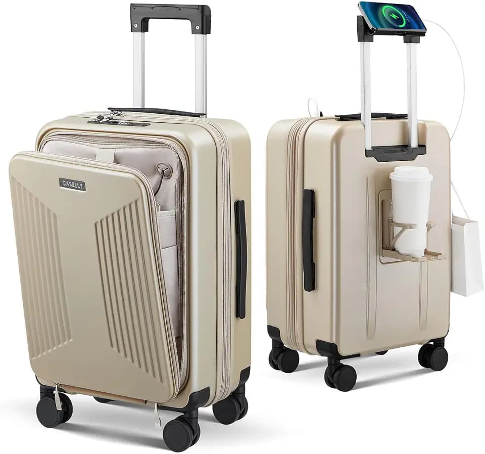 Carry on Luggage Top opening Suitcases, Expandable with Cup Holder and USB Charging Port,Lightweight with Front Pocket Rolling Suitcases with Spinner Wheels