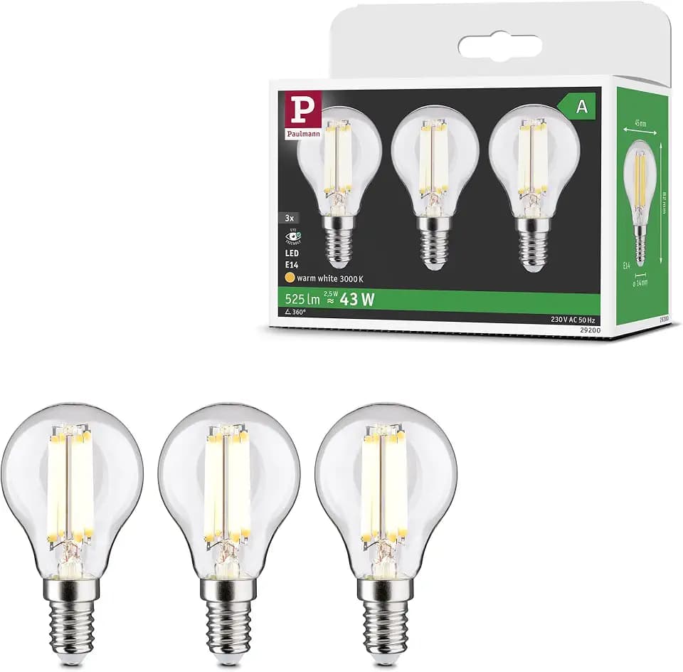 Paulmann LED Efficient-Line Tropfen E14 3er Pack 525lm 3000K klar | Warmweißes Licht, 3x525lm, für E14 Fassungen, aus Glas, 2,5W, Set mit 3 Leuchtmitteln