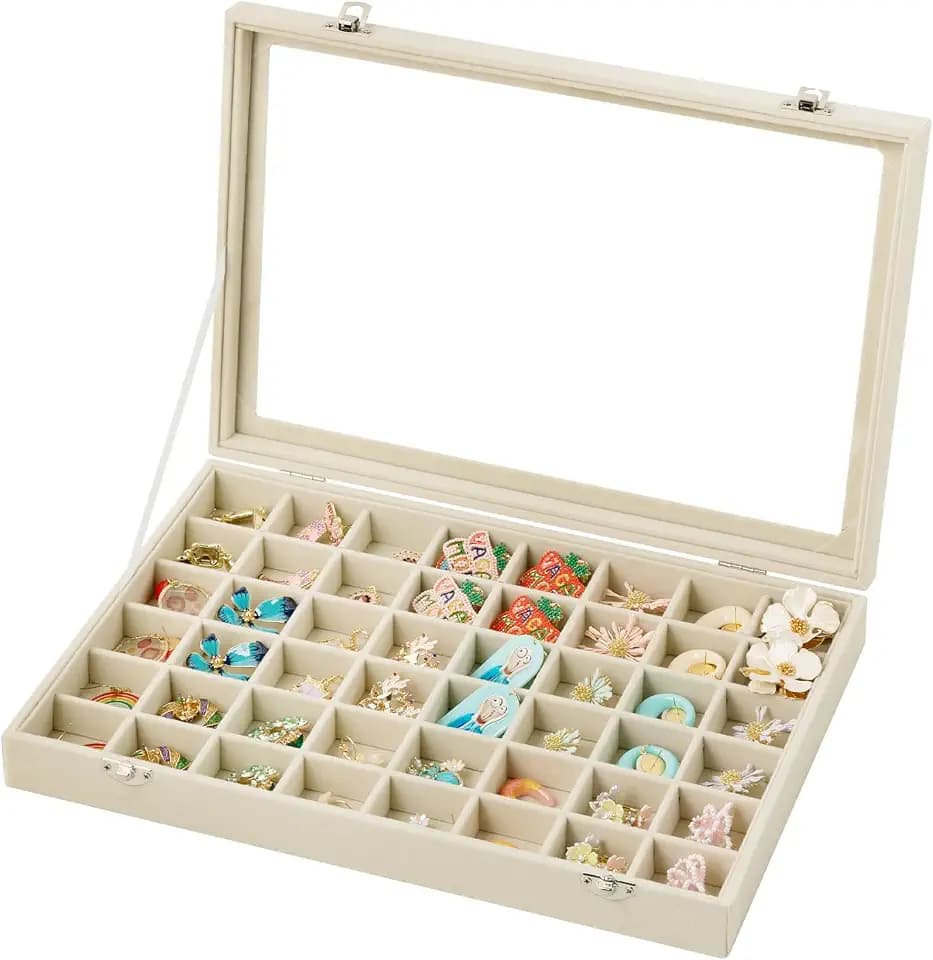 Frebeauty 48 Grid Earring Organizer,Velvet Jewelry Tray with Clear Lid