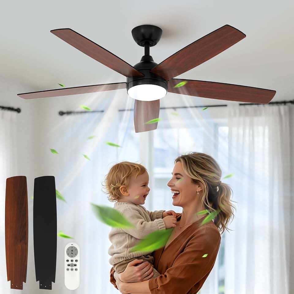 Comely Deckenventilator mit Licht 132cm, LED Deckenlampe mit Ventilator dimmbar 3 Farben, leiser DC Motor 6 Stufen Fernbedienung Sommer Winter, für Schlafzimmer Wohnzimmer Küche, Walnuss Schwarz