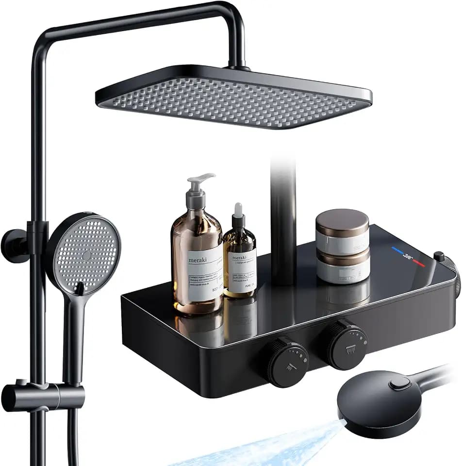 JONKEAN Mattschwarz Duschsystem mit Thermostat und ablage, Duschset