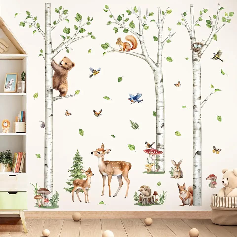 decalmile White Birch Tree Woodland Animals Bear Wall Decals Stickers (XL)