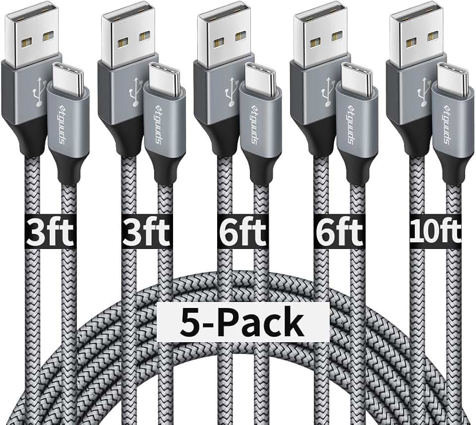 etguuds USB A to USB C Cable, 5-Pack (3/3/6/6/10 ft) Fast Charging Type C