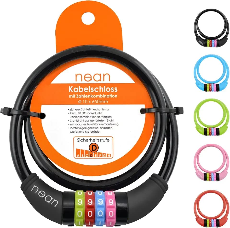 nean Fahrradschloss mit Zahlen für Kinder, diverse Farben,10x650 mm, Kabel Schloss Code Kombination, Kinderschloss Fahrrad, Kinderfahrradschloss farbenfroh, Zahlenschloss Kind Mädchen, Jungen, schwarz