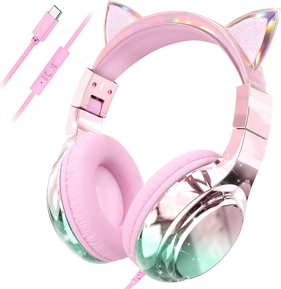 QearFun USB C Kids Cat Ear Wired Headphones with Mic, 85/94dB Volume Limit