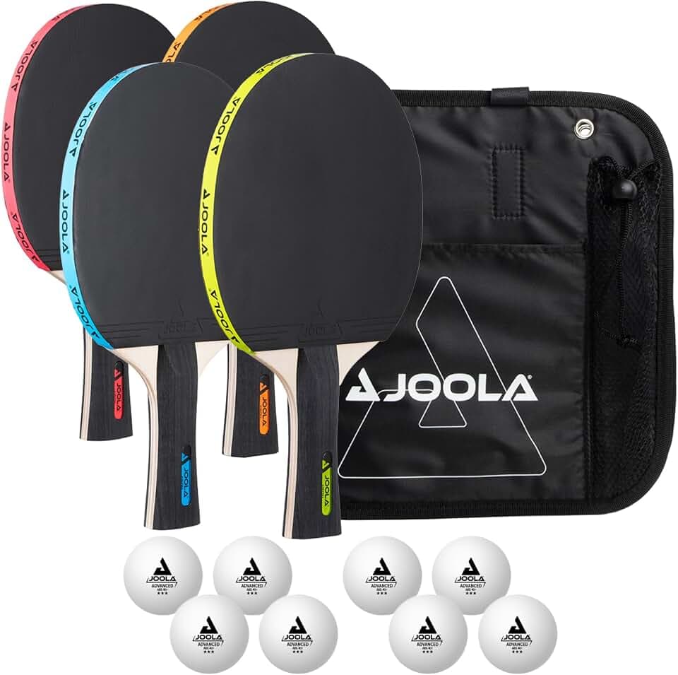 JOOLA Tischtennis Set: 4 Schläger, Bälle, Tasche, Mehrfarbig