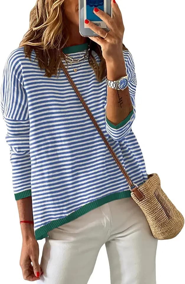 Womens Striped Lightweight Cotton Sweaters Long Sleeve Crew Neck Color Block Casual Knitted Pullover Tops