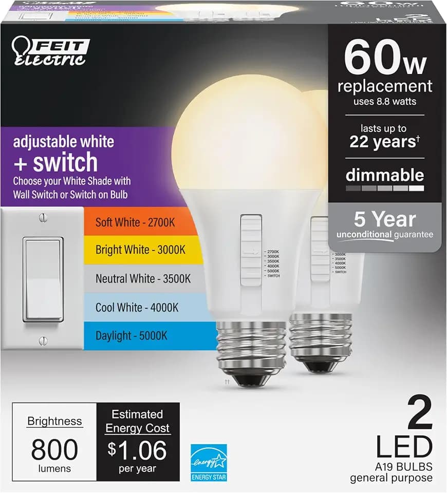 Feit Electric LED Light Bulbs - A19 60W Eq. Dimmable 5CCT + Switch - 2 Pack