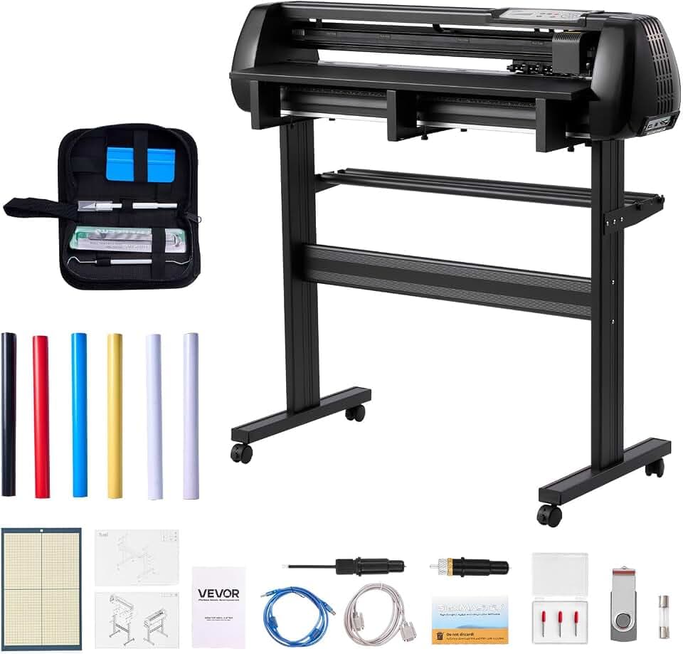 VEVOR Vinyl Cutter Machine, 34 inch Max Feed Width, Dual Blades, Adjustable Force and Speed, LED Display, Vinyl Plotter Cutter Printer Bundle with Sticker Sheets, Transfer Film, Signmaster Software