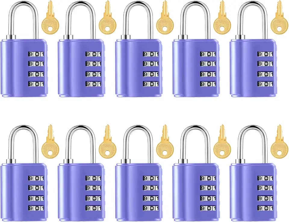 Kenning 10 Pcs Combination Padlock 4 Digit Combination Lock with Keys Locker Resetable Security Outdoor Waterproof Lock for School Sports Gym Locker Employee Fence Case (Purple)
