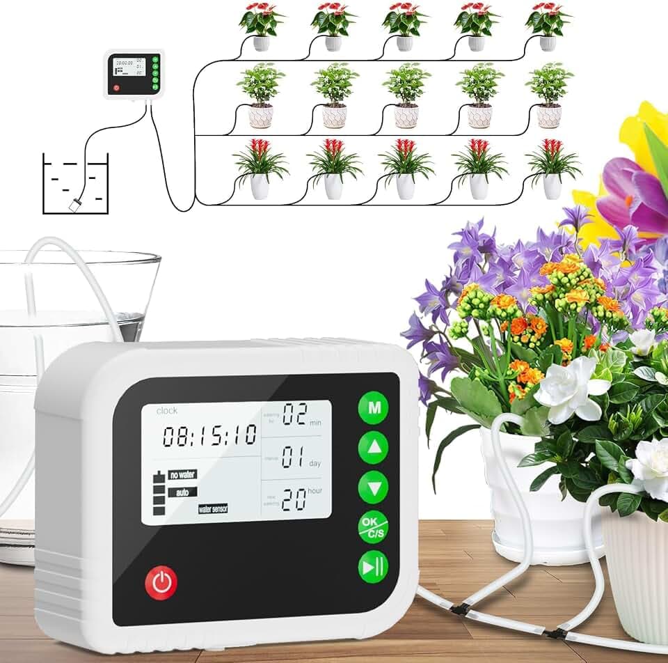 Automatic Plant Water Indoor, 15 Potted Plants Self Watering System, Automatic Drip Irrigation Kit Plant Watering Devices Programmable Water Timer, LED Display and Power Supply