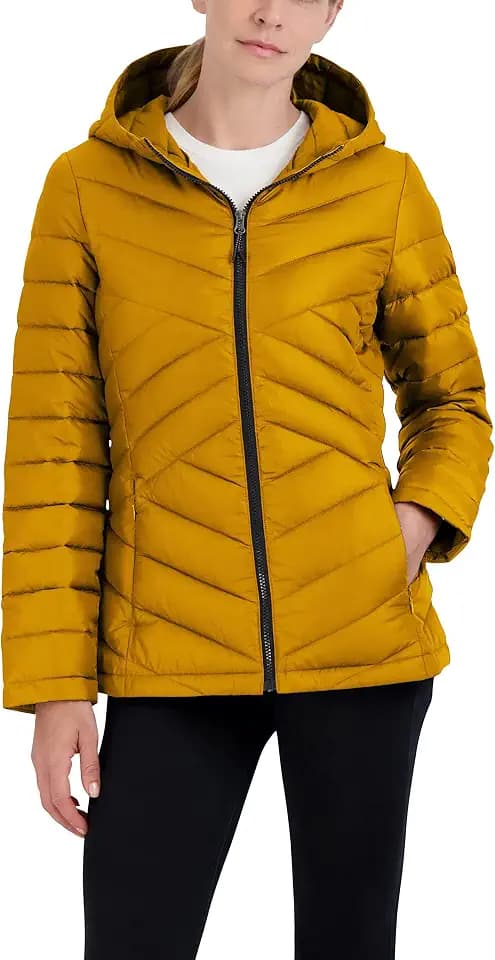 HFX Women's Mid-weight Puffer Jacket – Water-resistant, Stretch Quilted Coat, Removable Faux Sherpa Lined Hood, Recycled Fill