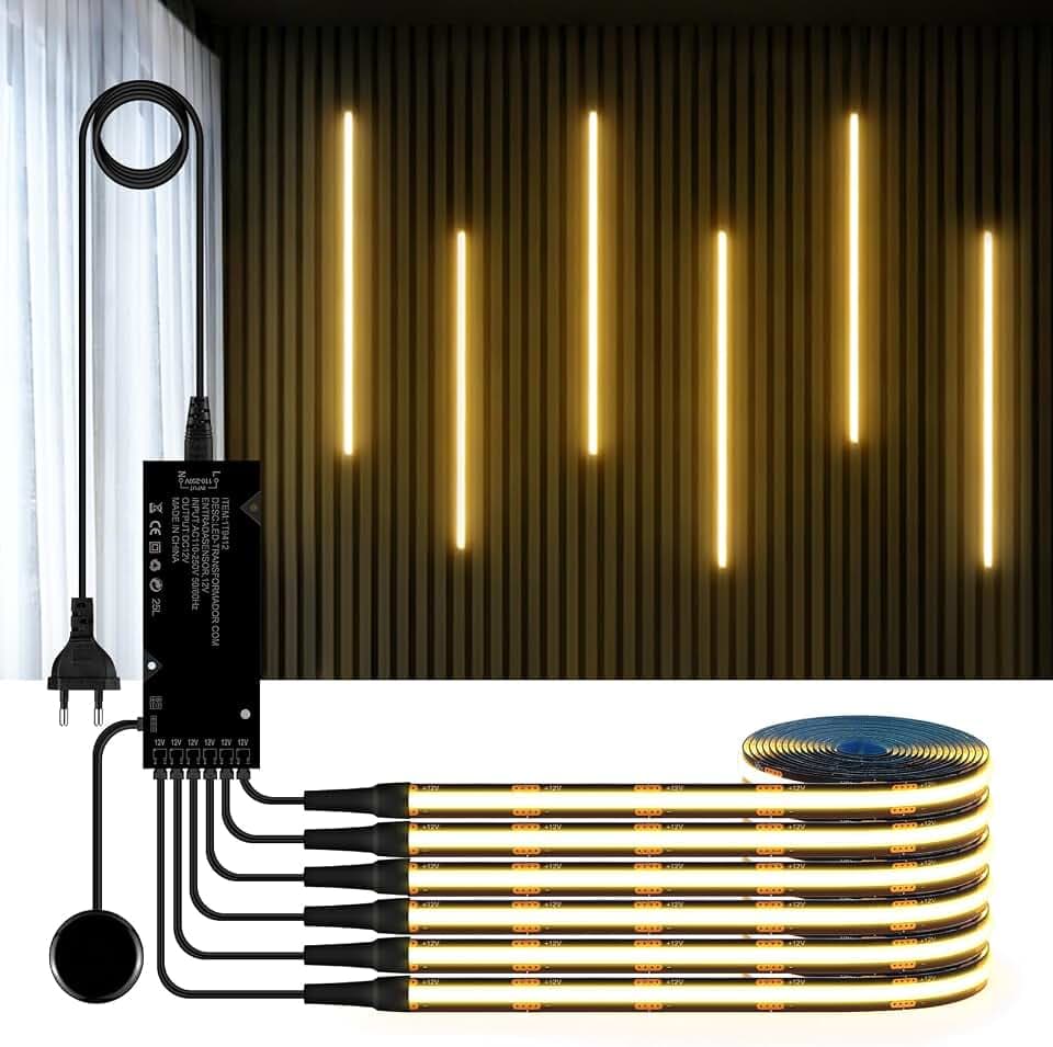12V COB LED Strip,6 Rollen 1M Warmweiß Akustikpaneele COB LED Streifen mit Berühren und Hand Sweep Dimmer Schalten,Schneidbar COB LED Streifen für Vitrinen,Weinschränke,Küchen und Regale