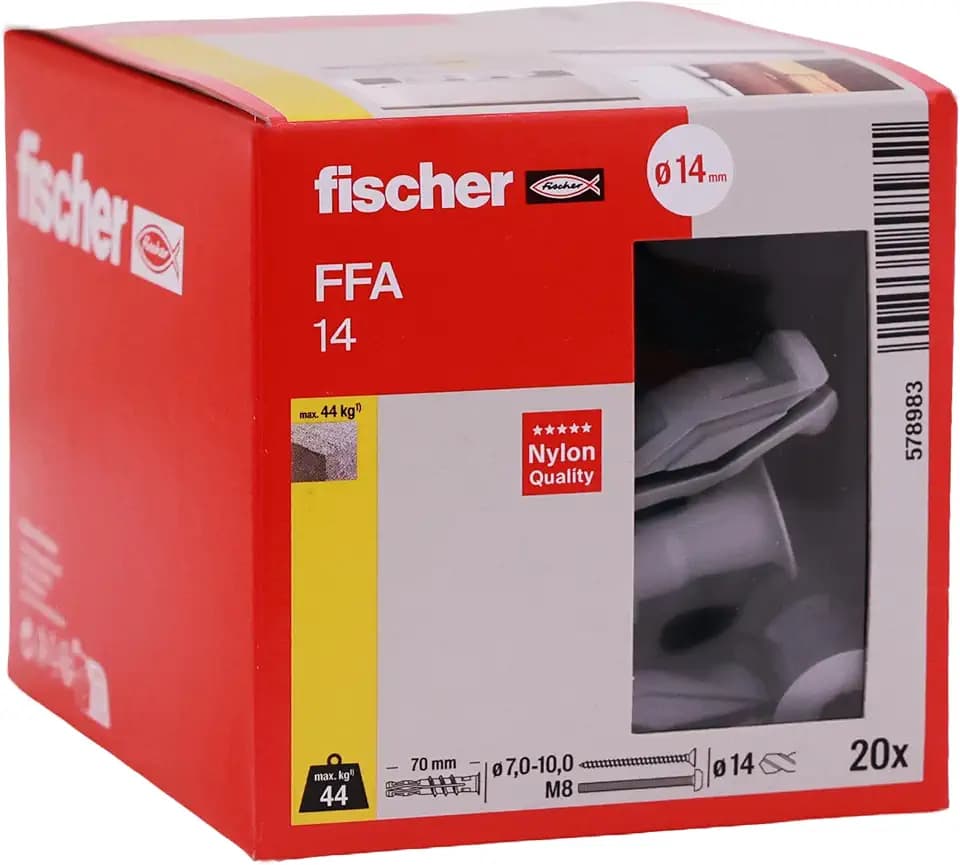 fischer Porenbetondübel FFA 14, Spezialdübel für die Befestigung in Porenbeton, hohe Tragfähigkeit, flexible Schraubenauswahl, einfache Montage ohne Setzwerkzeug, 20 Stück