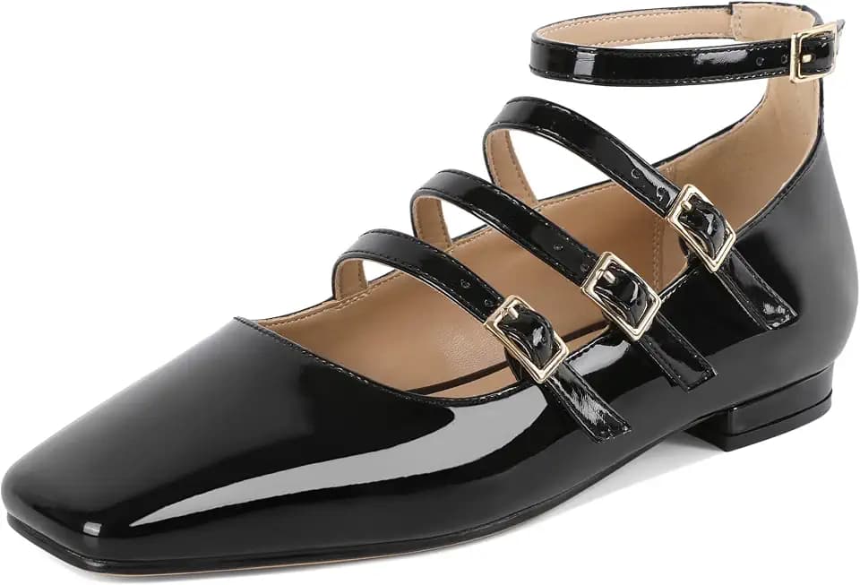 SAMMITOP Women's Mary Jane Shoes Low Block Heel Ballet Flats Square Toe Ankle Strap Pumps Wedding Dressy Shoes